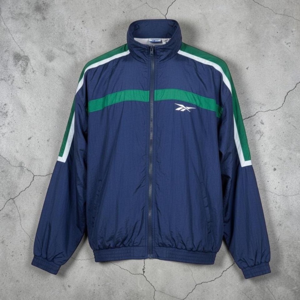 Reebok Windbreaker Jacket Mens XL Navy Green 90s Y2K Track Zip‎